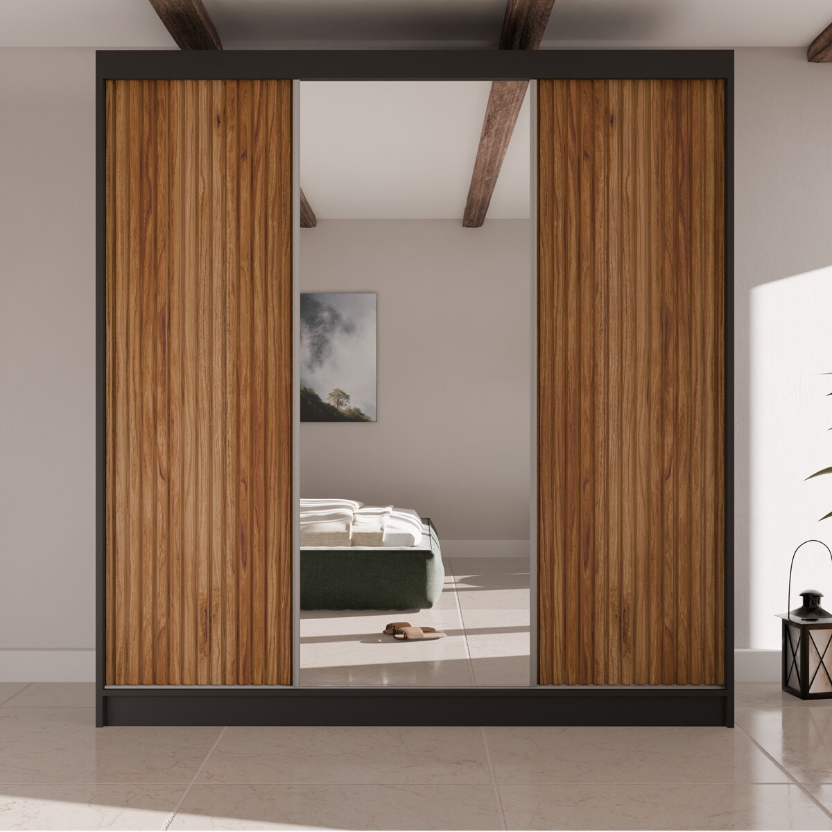 Szafa przesuwna V200 z lustrem i szufladami- czarna+ryfle catania