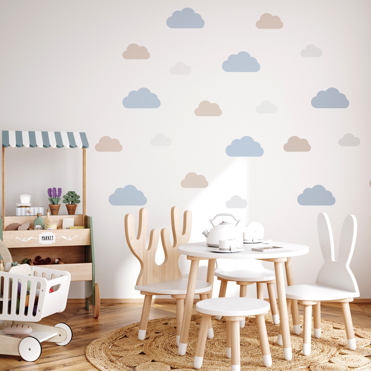 Naklejki Na Ścianę Dla Dzieci Niebieskie Chmurki Beżowe Chmury Boho Zestaw 60x30cm