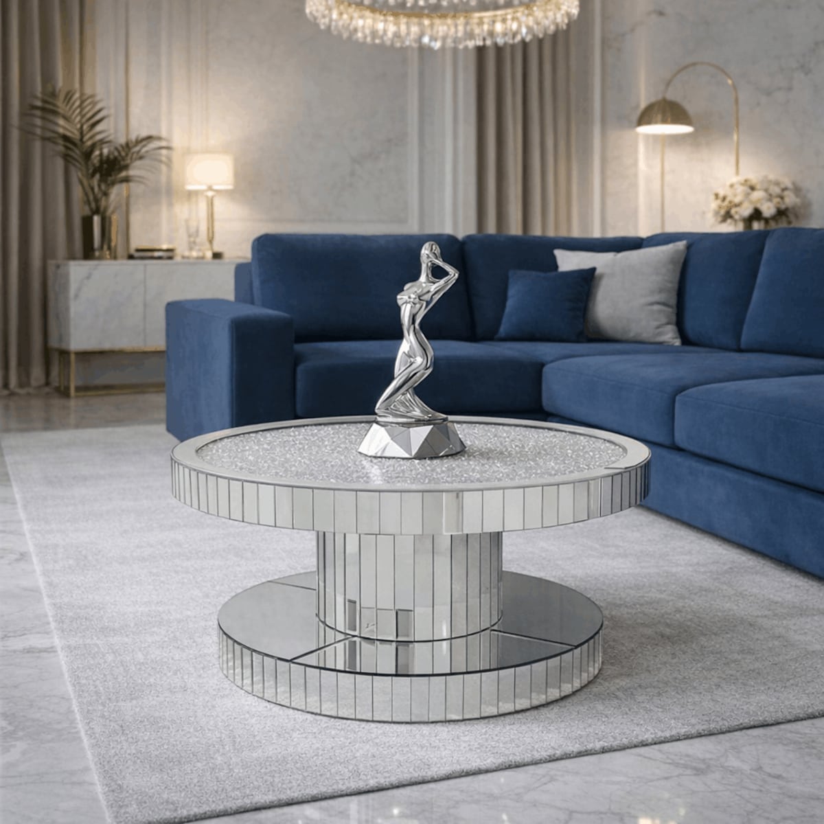 Szklany stolik kawowy glamour lustrzany 80×80×45 cm - z kryształkami