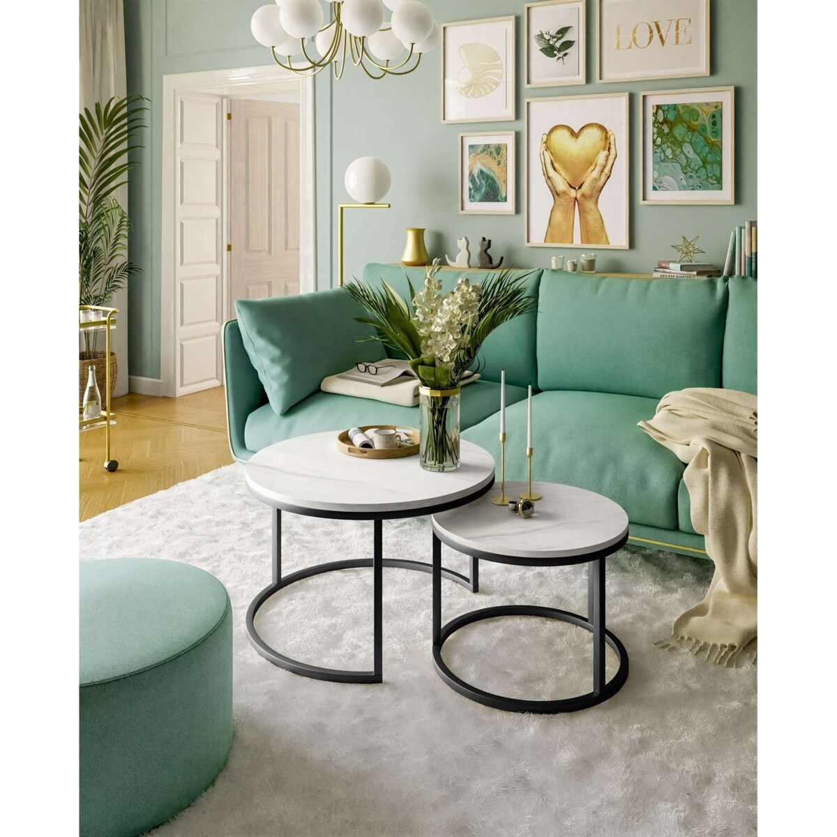 Okrągły stolik kawowy CIRI 2w1 czarny marmur levanto 50/70 cm