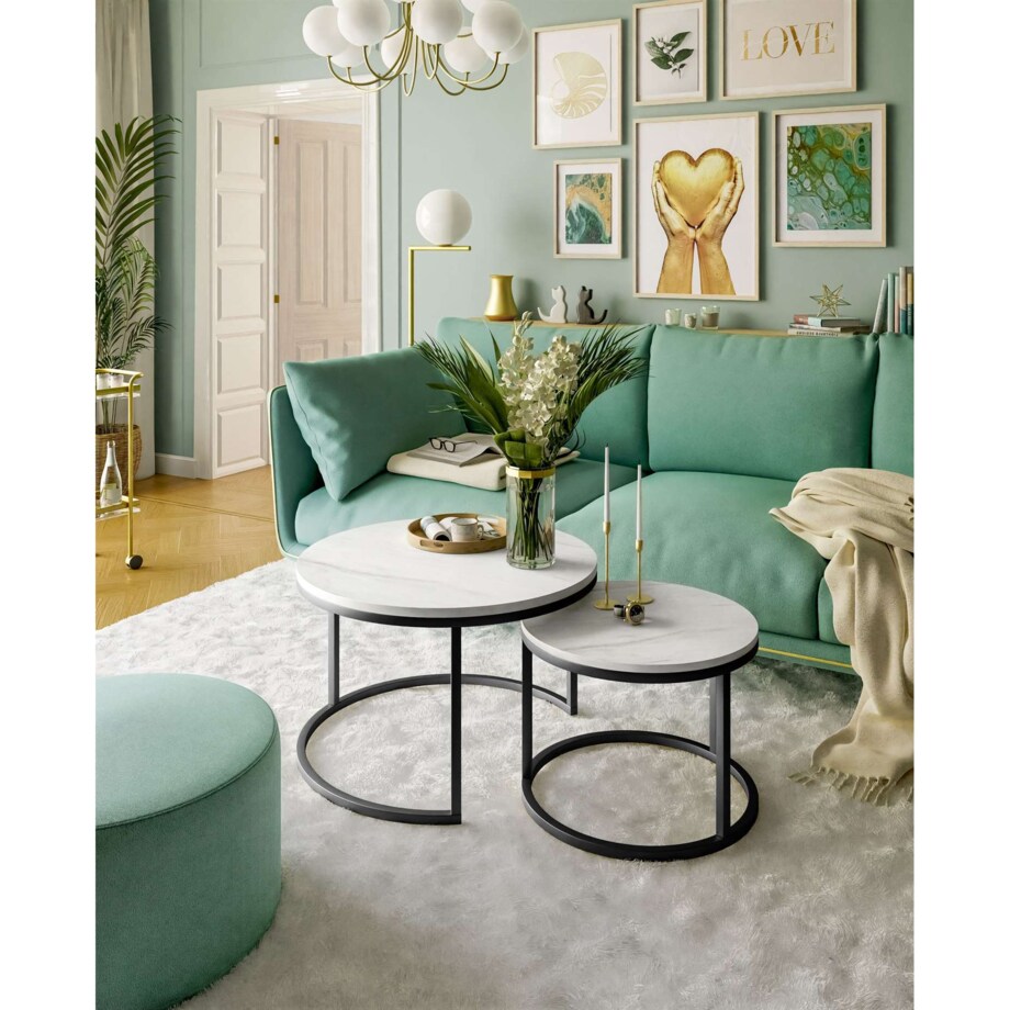 Okrągły stolik kawowy CIRI 2w1 czarny marmur levanto 50/70 cm