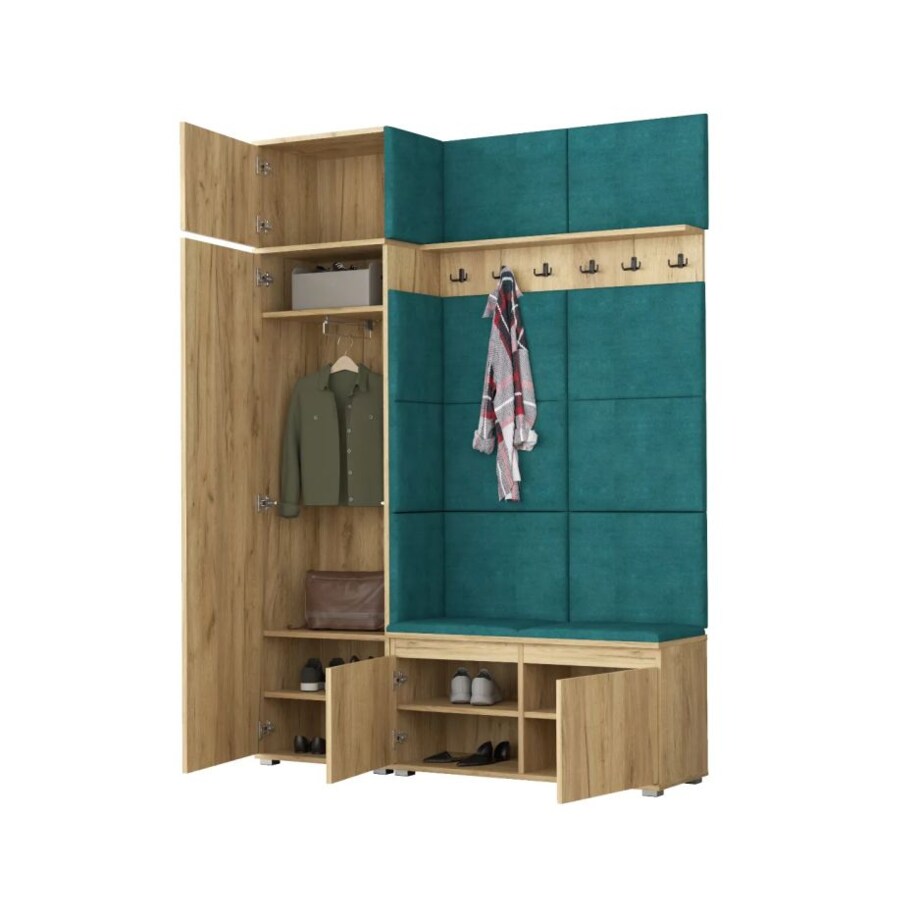 Garderoba z siedziskiem i nadstawką do przedpokoju SINGAPUR 154 dąb craft/zielony