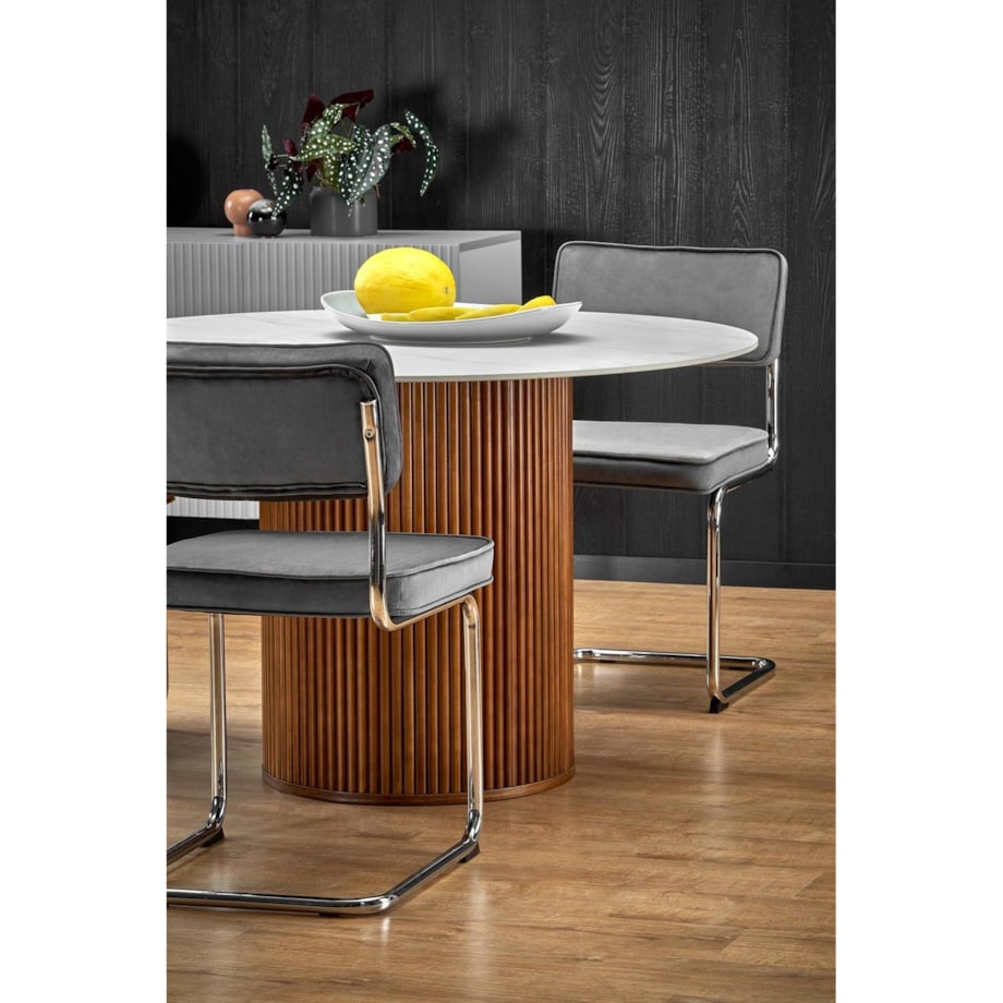 STÓŁ OKRĄGŁY Uno biały marmur 120cm orzechowe DREWNIANE NOGI