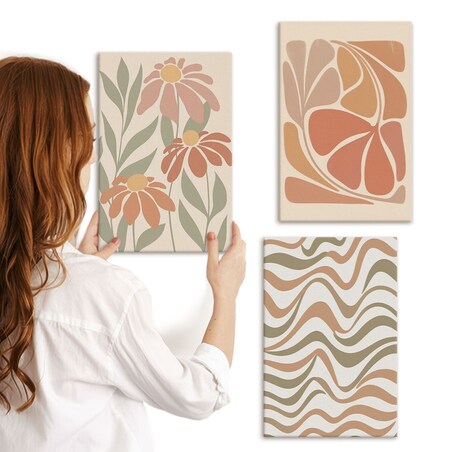 Zestaw 3 małych obrazów na płótnie - Kwiaty pastelowe abstrakcje boho - pomarańczowy