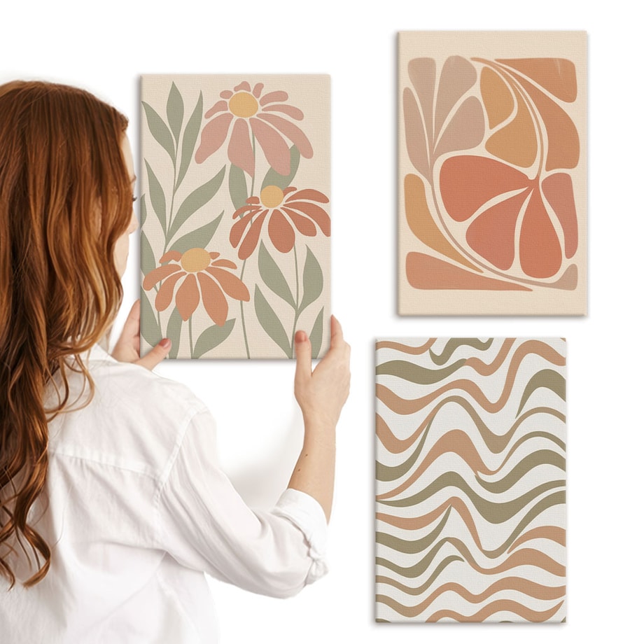 Zestaw 3 małych obrazów na płótnie - Kwiaty pastelowe abstrakcje boho - pomarańczowy