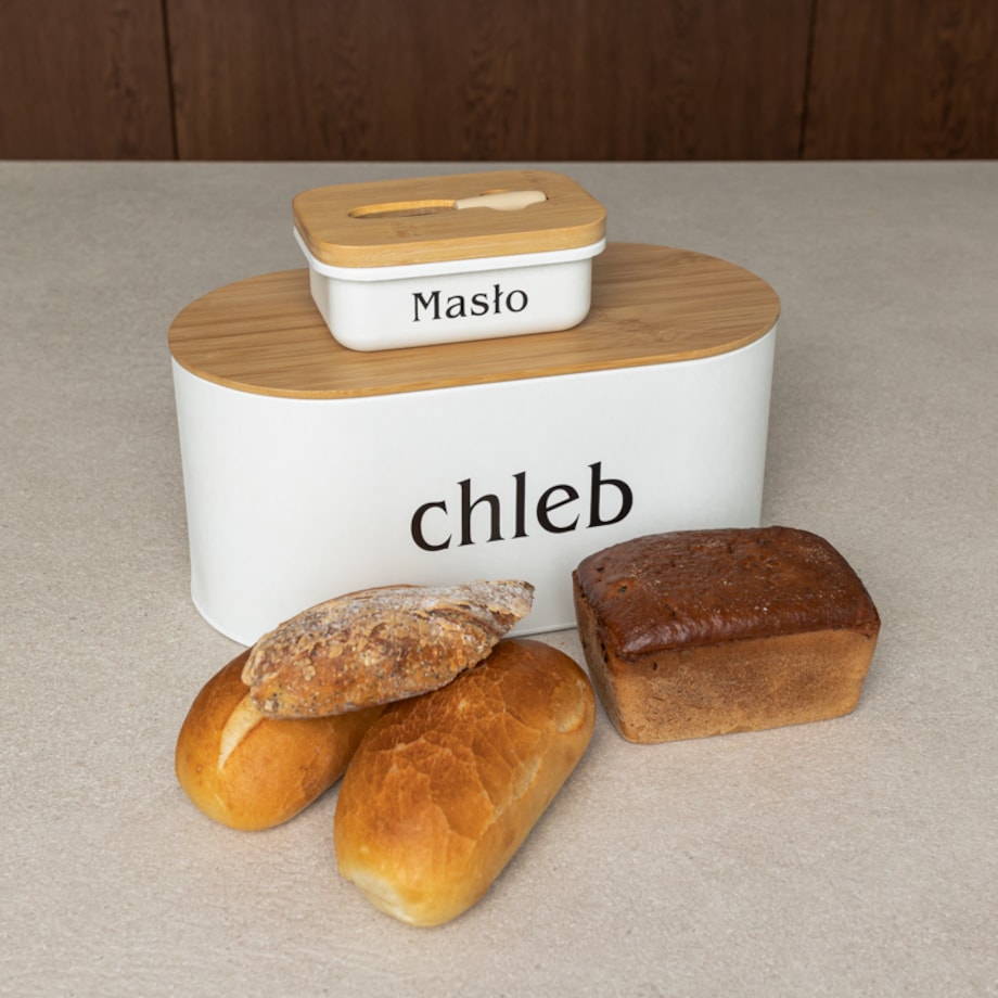 Zestaw chlebak z maselniczką i nożem deska do krojenia biały