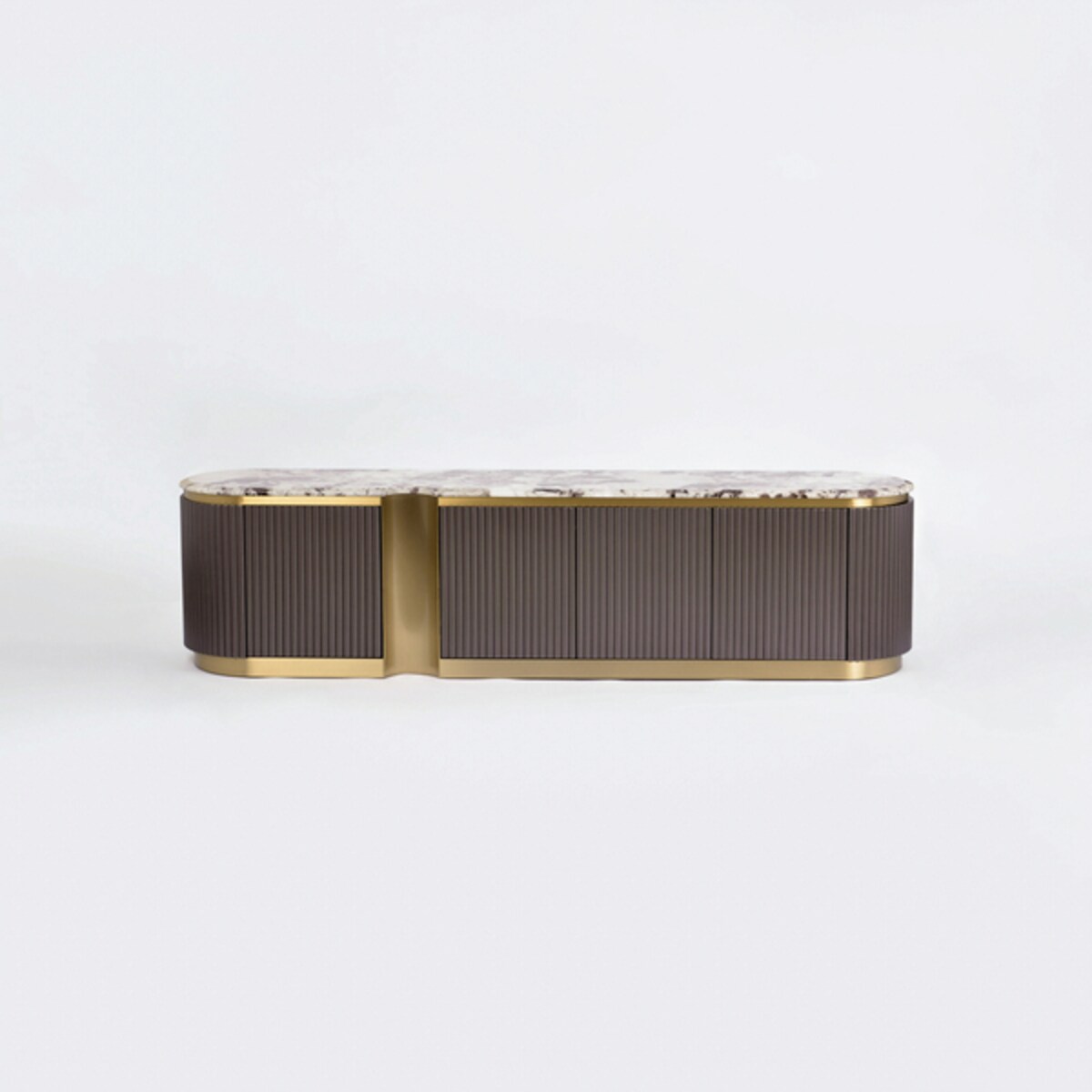 Ryflowana szafka RTV złota Nutris Glamour Premium z blatem marmurowym 200x40x50