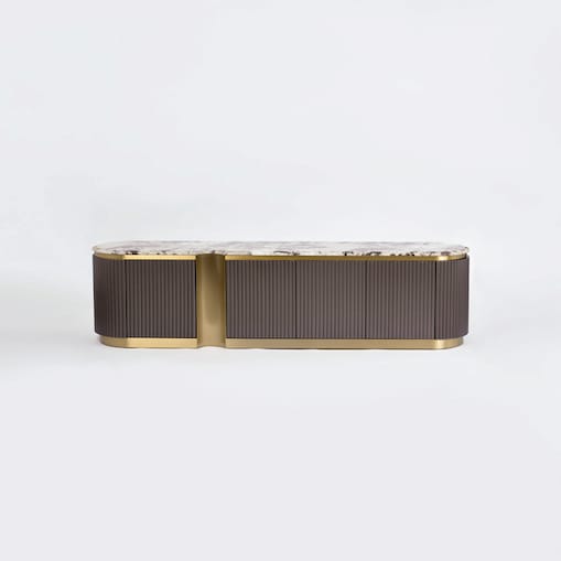 Ryflowana szafka RTV złota Nutris Glamour Premium z blatem marmurowym 200x40x50