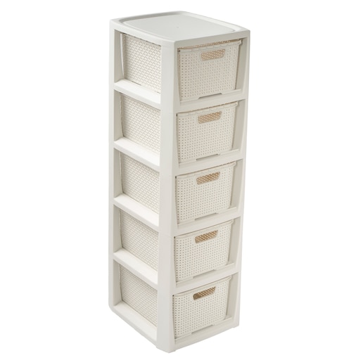 Regał Stojak Łazienkowy Rattanowy Szafka Z Koszami 5 X 7L Biały