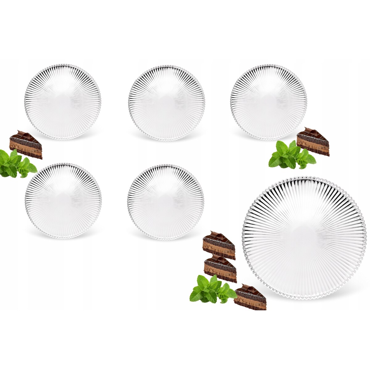 TALERZYKI DESEROWE SZKLANE 6szt W PRĄŻKI 20cm na desery ciasto prezent