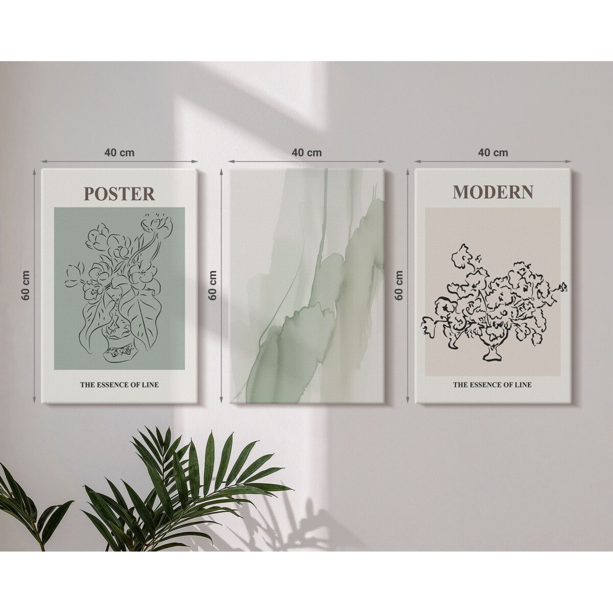 Zestaw 3 dużych obrazów na płótnie - Kwiaty w nowoczesnym wazonie - zielony