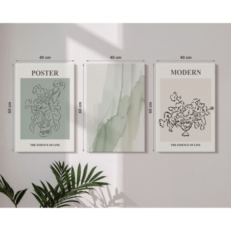 Zestaw 3 dużych obrazów na płótnie - Kwiaty w nowoczesnym wazonie - zielony