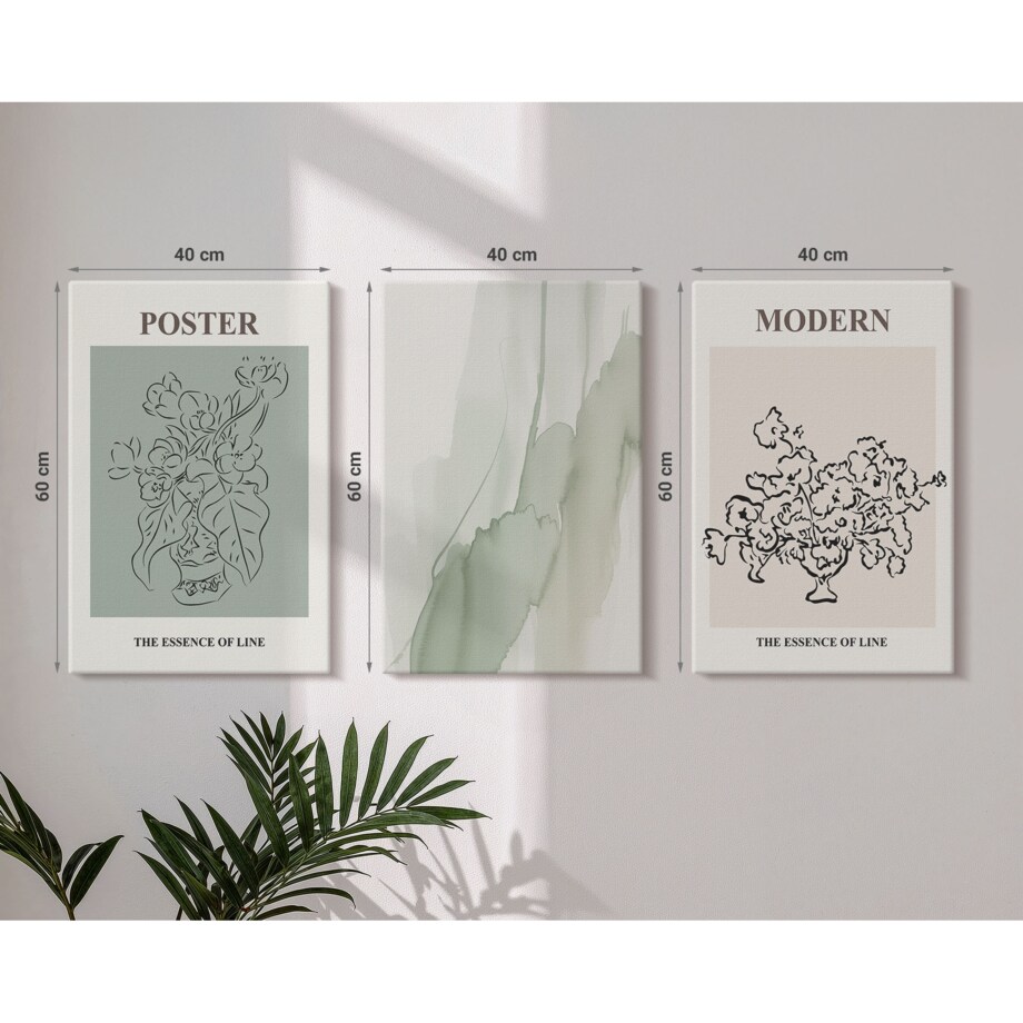Zestaw 3 dużych obrazów na płótnie - Kwiaty w nowoczesnym wazonie - zielony