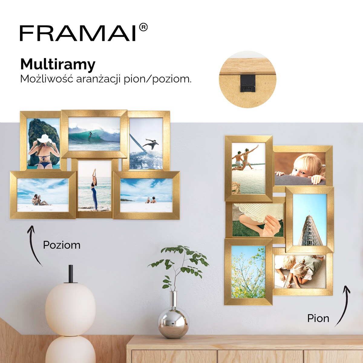Multirama ramka na zdjęcia 6 zdjęć. Złota multirama na sześć zdjęć 10x15 cm Ramka na zdjęcia 6 w 1 MULTI HEN Z FRAMAI