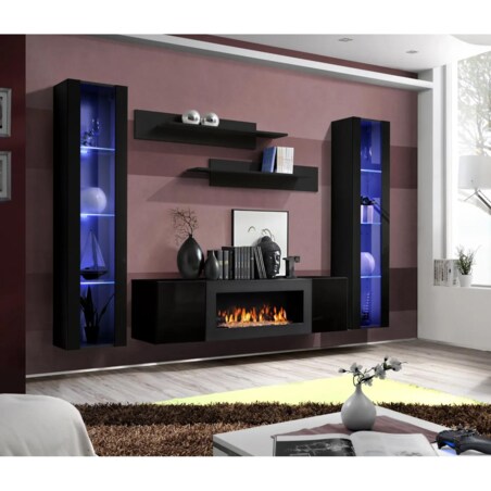 Meblościanka FLY M2 czarny połsyk/czarny mat z biokominkiem