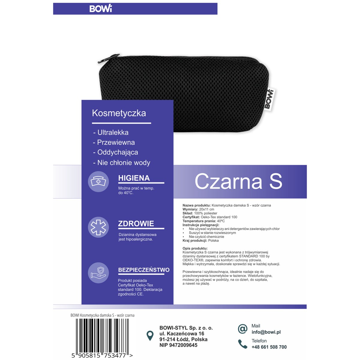 Mała kosmetyczka na zamek czarna 20x11 cm