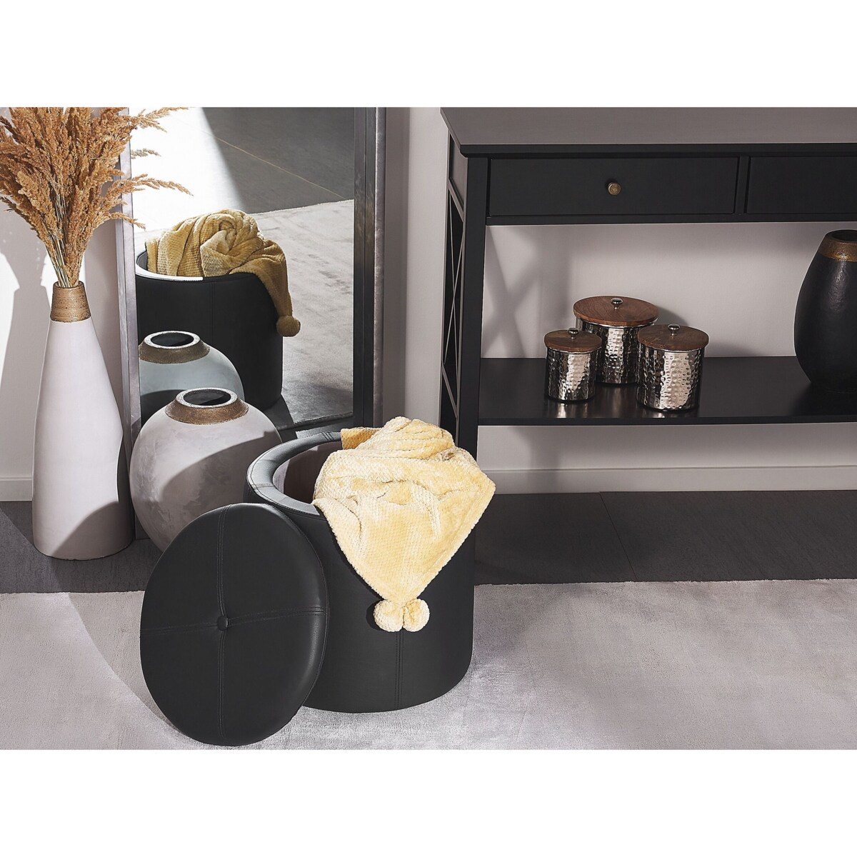 Puf ze schowkiem ⌀ 38 cm ekoskóra czarny MARYLAND