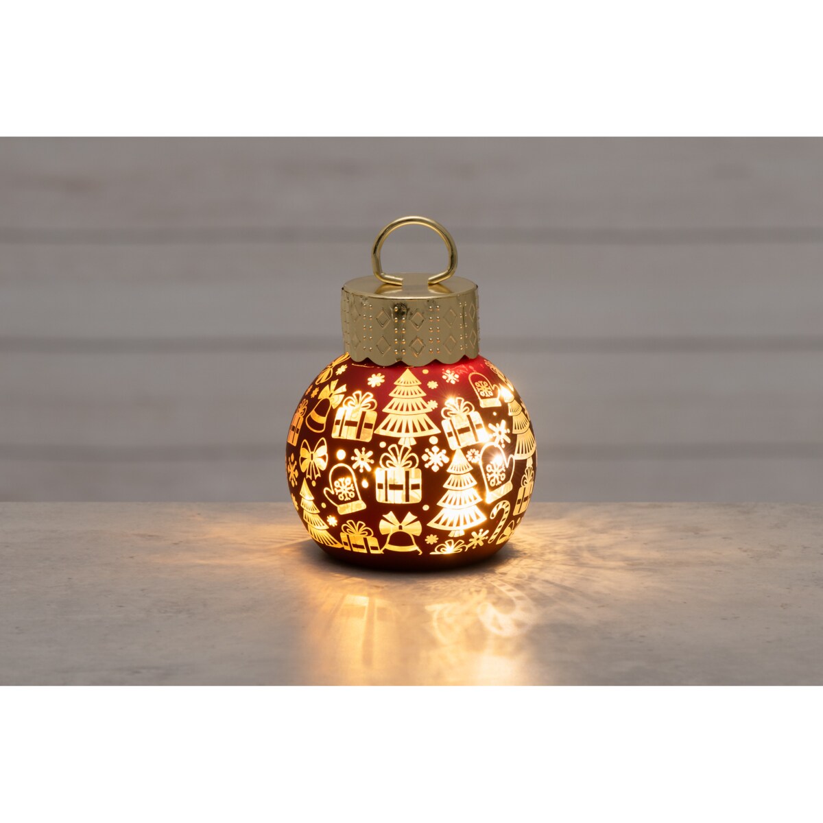 Bombka choinkowa szklana z oświetleniem LED, motyw prezentów, Ø 10 x 13 cm