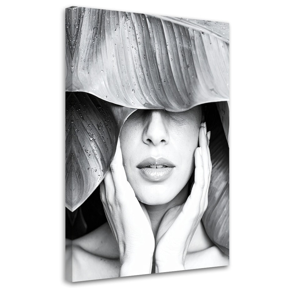 Obraz czarno biały do salonu sypialni, Kobieta i liście na głowie 40x60