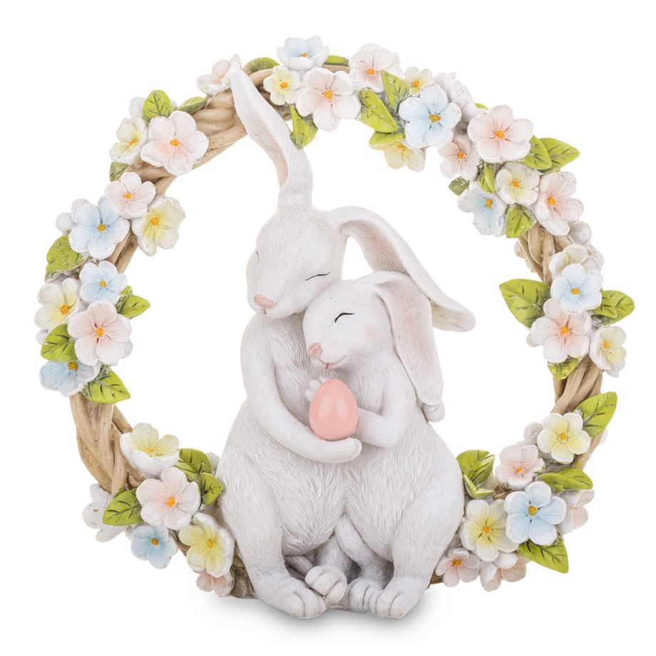 Dekoracja - figurka 2 białe przytulone ZAJĄCZKI w wiosennym wianku