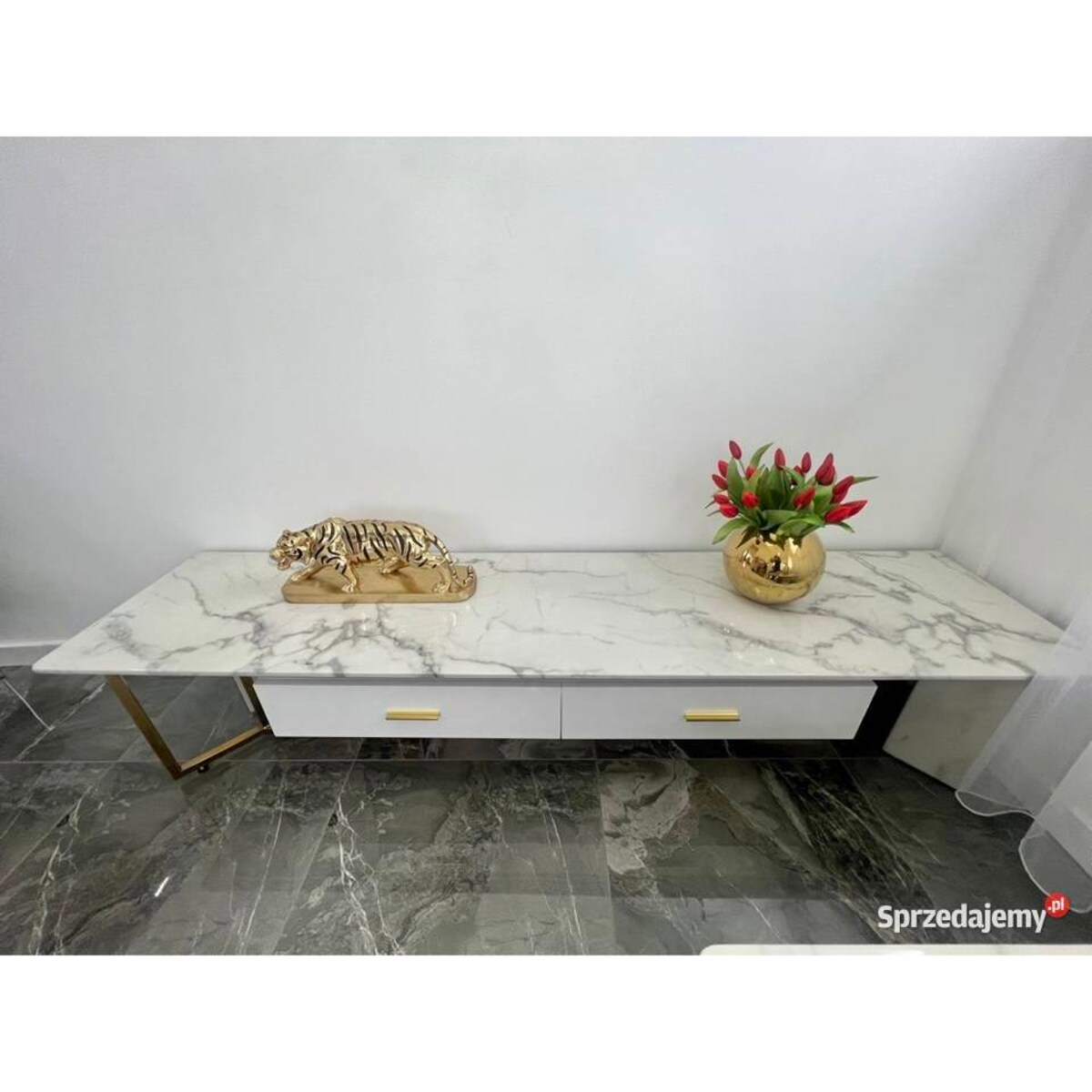 Szafka RTV złota Italiano Glamour Premium z blatem marmurowym 200x45x42