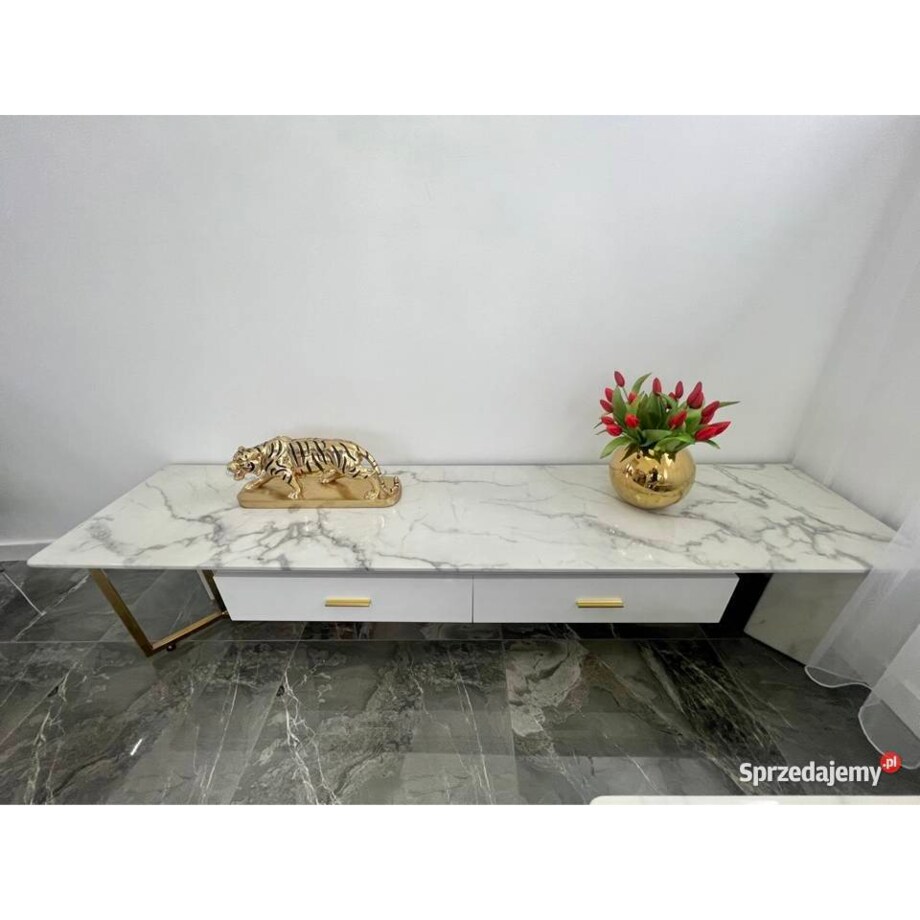 Szafka RTV złota Italiano Glamour Premium z blatem marmurowym 200x45x42