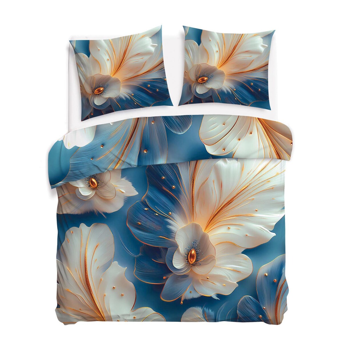 Pościel satyna bawełniana 180x200 Auroria złote kwiaty na niebieskim tle, Satynlove Premium