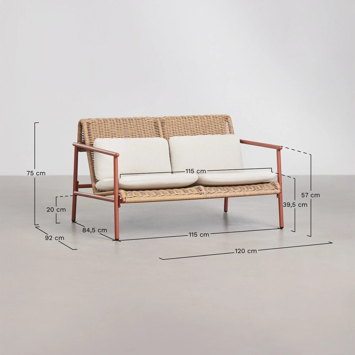 Zestaw ogrodowy: sofa, 2 fotele, stolik kawowy z aluminium i syntetycznego rattanu Duroli, terracotta