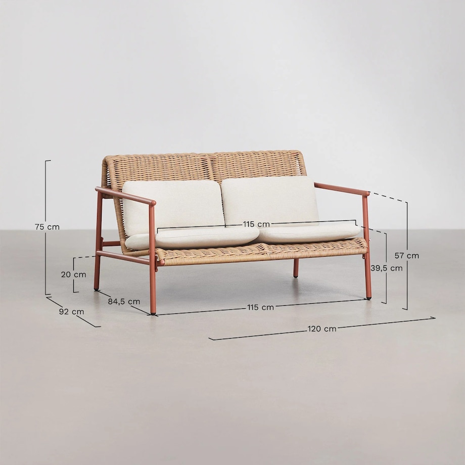 Zestaw ogrodowy: sofa, 2 fotele, stolik kawowy z aluminium i syntetycznego rattanu Duroli, terracotta