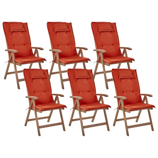 Zestaw 6 krzeseł ogrodowych drewno akacjowe z poduszkami czerwonymi AMANTEA