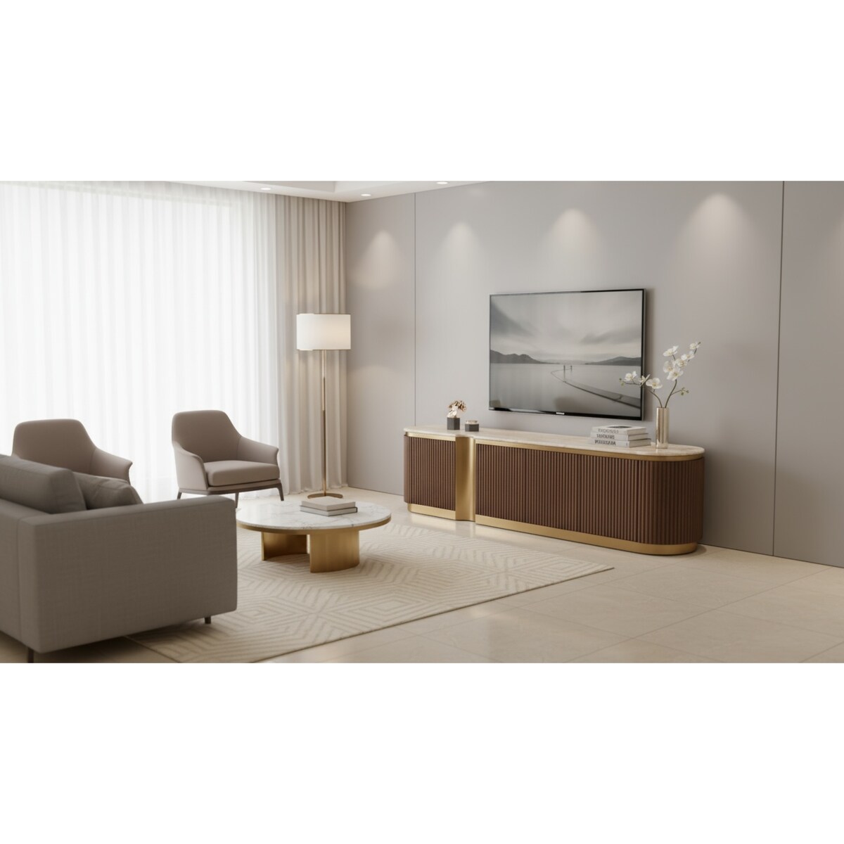 Ryflowana szafka RTV złota drewniana brązowa Nutris Glamour Premium z blatem marmurowym 200x40x50