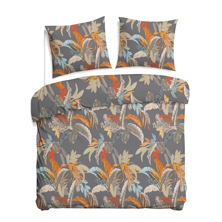 Pościel satyna bawełniana 160x200 Tropenza tropikalne liście na szarym tle, Satynlove
