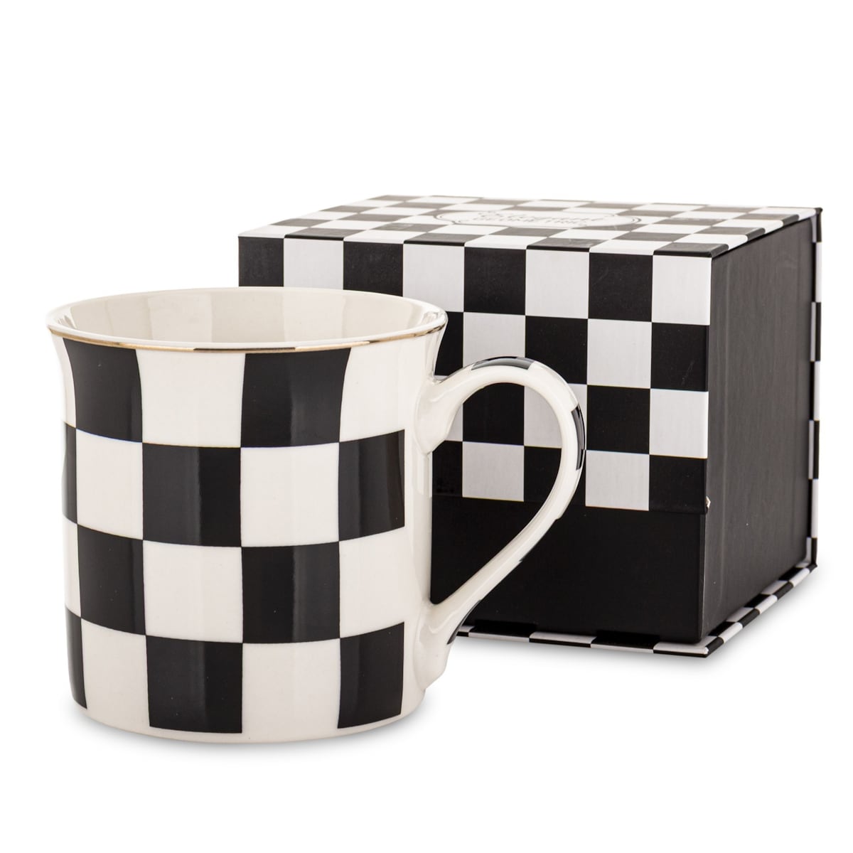 Kubek porcelanowy 9x12x9 cm w pudełku 380 ml SCACCHI- w czarno-białą kratkę