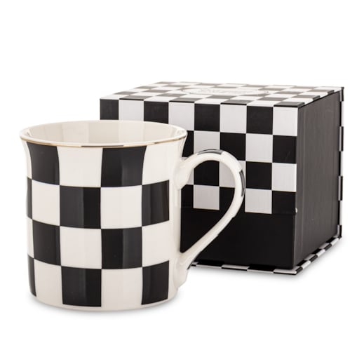 Kubek porcelanowy 9x12x9 cm w pudełku 380 ml SCACCHI- w czarno-białą kratkę