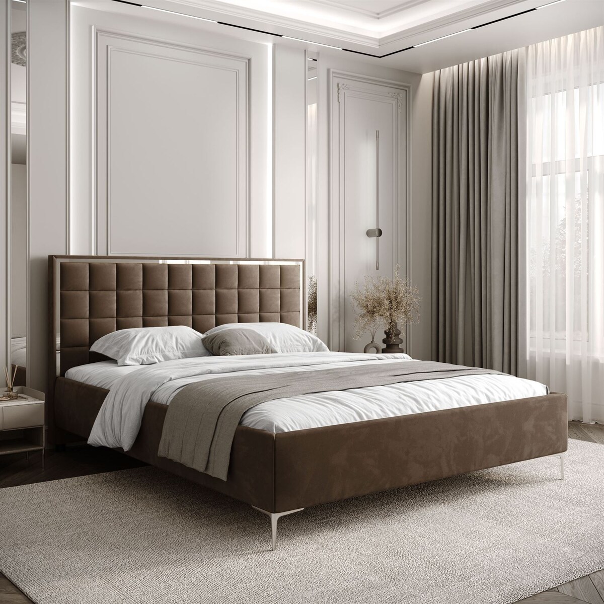 Łóżko tapicerowane ISADORA SILVER, pojemnik na pościel, stelaż 34, 140x200, RV 196