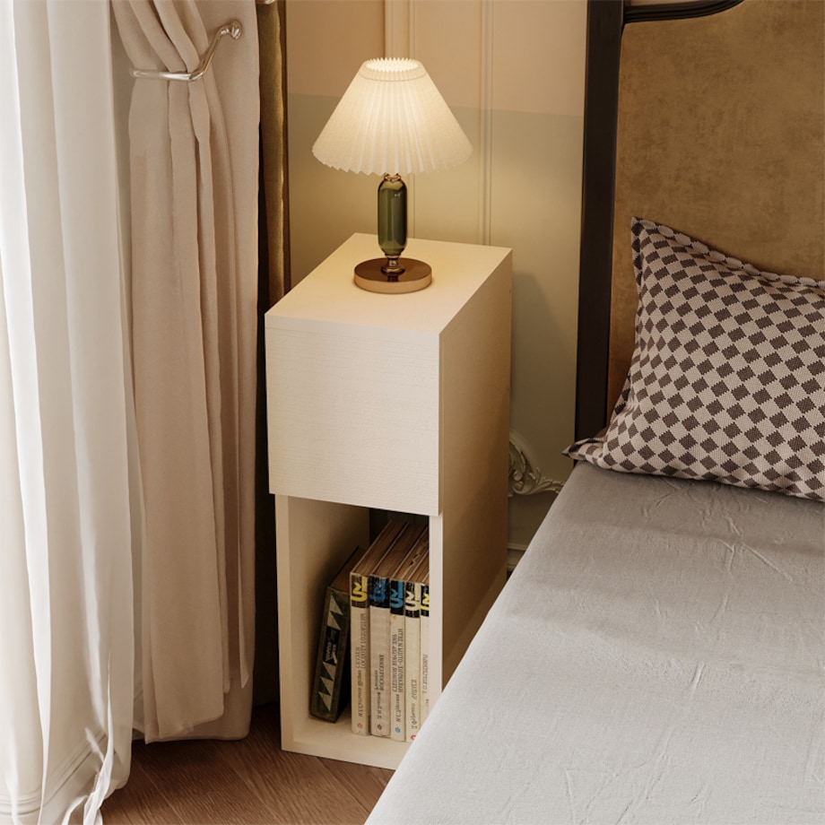 Szafka nocna biała z szufladą stolik z półką nowoczesny loft sypialni