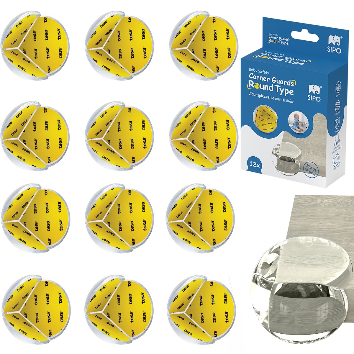 silikonowe narożniki zabezpieczające meble, sipo, zestaw 12 sztuk, transparentne, okrągłe