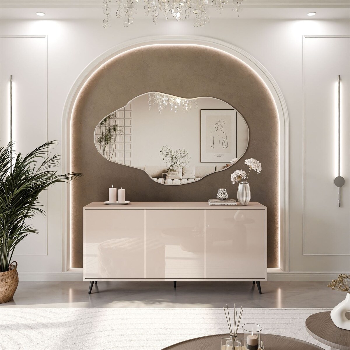 Trzydrzwiowa komoda SANAYI na wysokich, skośnych, czarnych nóżkach, kaszmir połysk