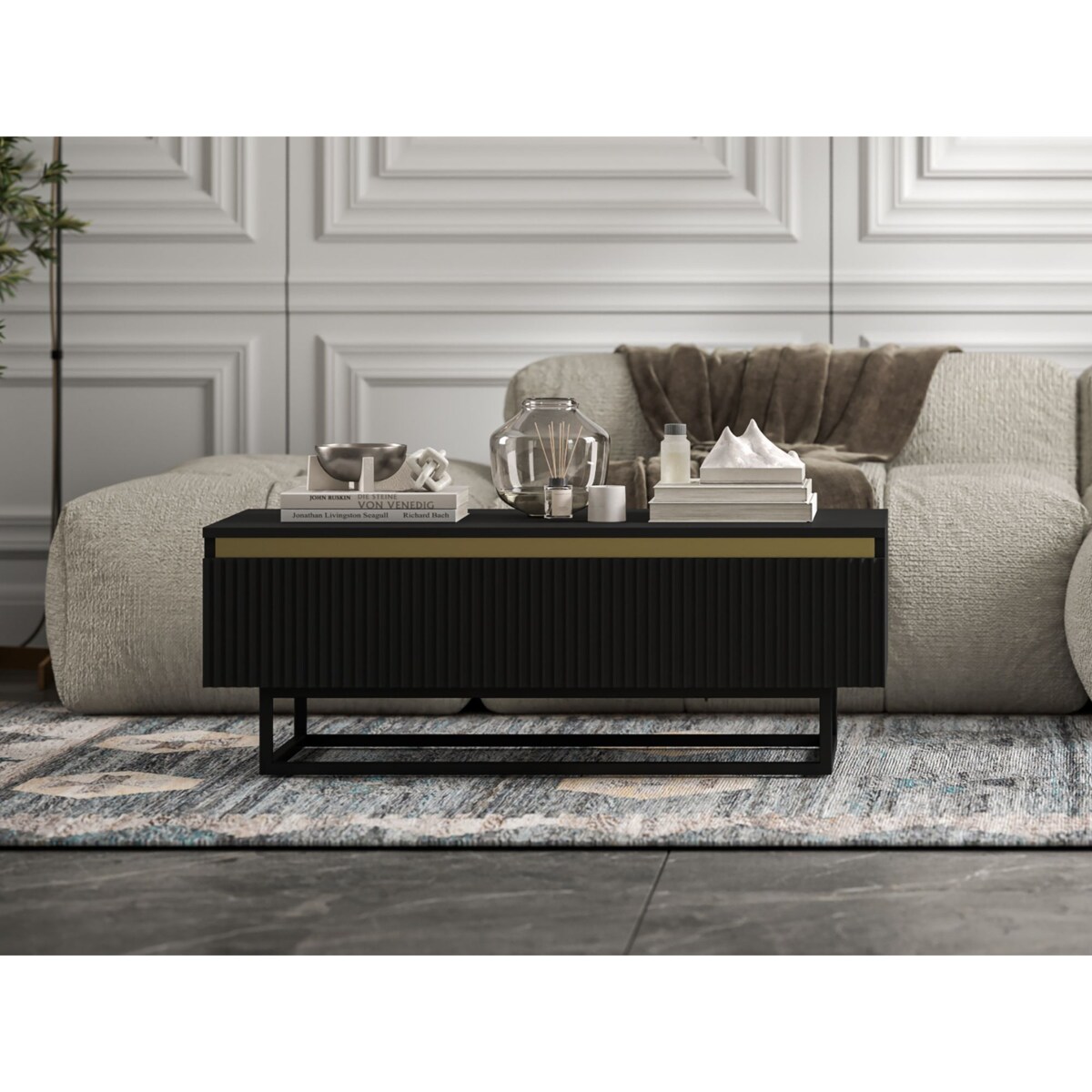 Stolik kawowy Glamour prostokątny elegancka ława Czarny Mat Czarna Rama 109 cm