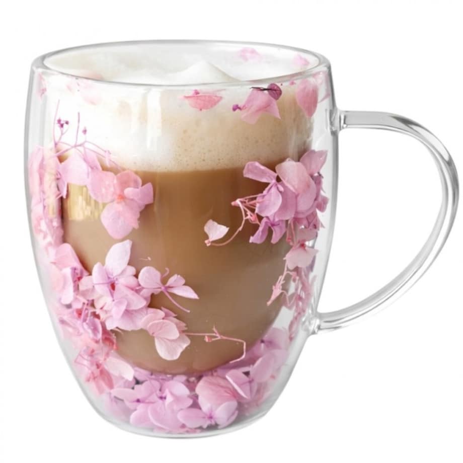 Szklanka termiczna z kwiatami w środku, gipsówka hortensje róż 300 ml 1szt SZK165