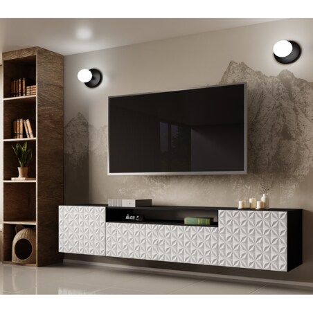 Szafka RTV ALI 200 cm, wisząca,z ozdobnymi frontami do salonu- frot biały