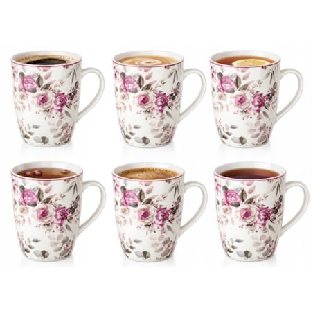 Zestaw 6 kubków 340 ml róże eleganckie do kawy herbaty na prezent porcelana