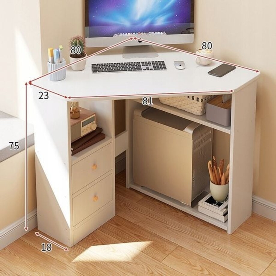 Biurko Narożne Trójkątne Komputerowe Z Półkami Nowoczesne Białe Loft