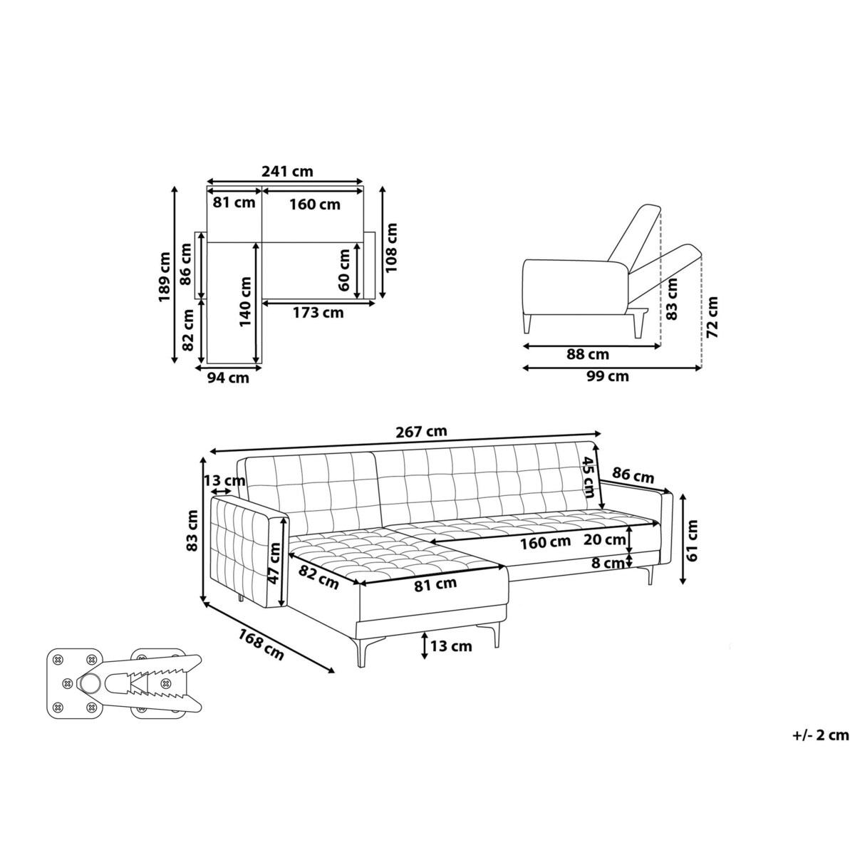 Sofa prawostronna rozkładana welurowa jasnoszara ABERDEEN