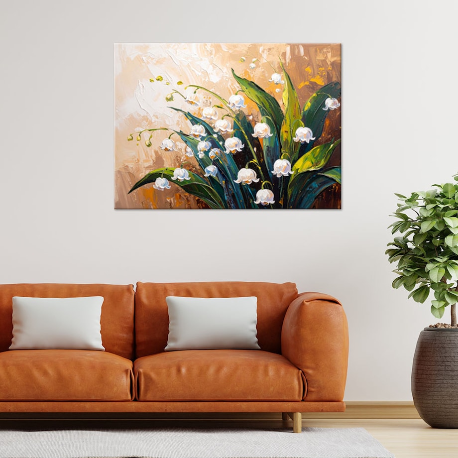 Feeby Obraz nowoczesny, Kwiaty Konwalie na beżowym tle imitacja farby 90x60