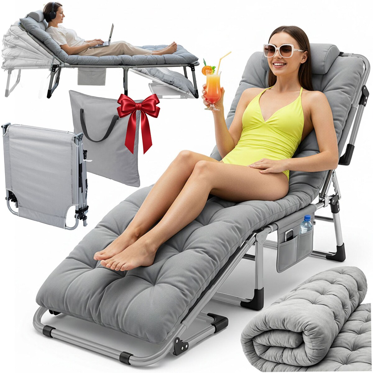 Leżak ogrodowy Sofotel Dream plażowy składany szary + materac + poduszka + pokrowiec