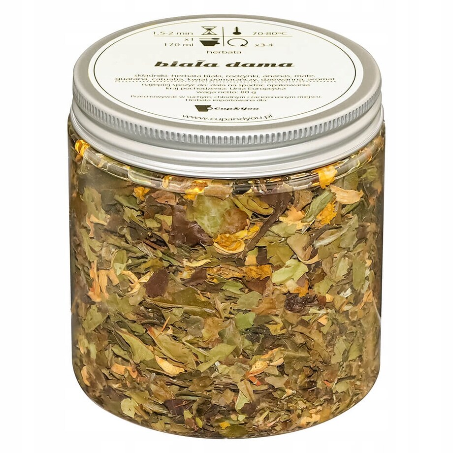 Herbata biała BIAŁA DAMA o smaku mocno pobudzających owoców tropikalnych - herbata liściasta sypana mieszanka napar susz - gotowa na prezent upominek