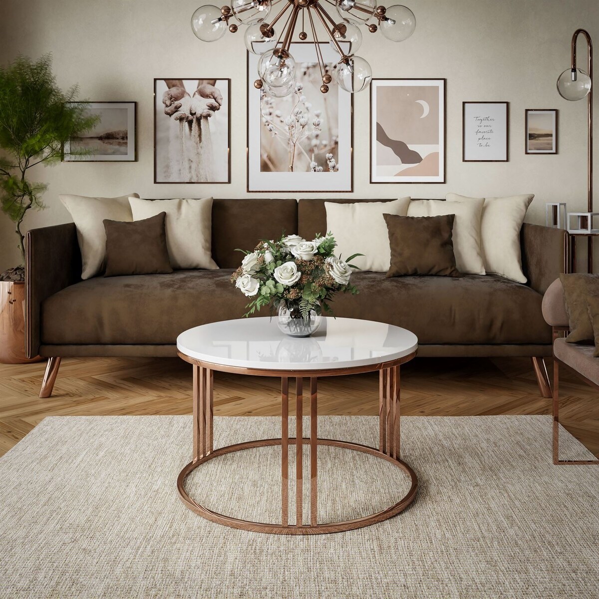 Stolik kawowy LORI miedź biały połysk