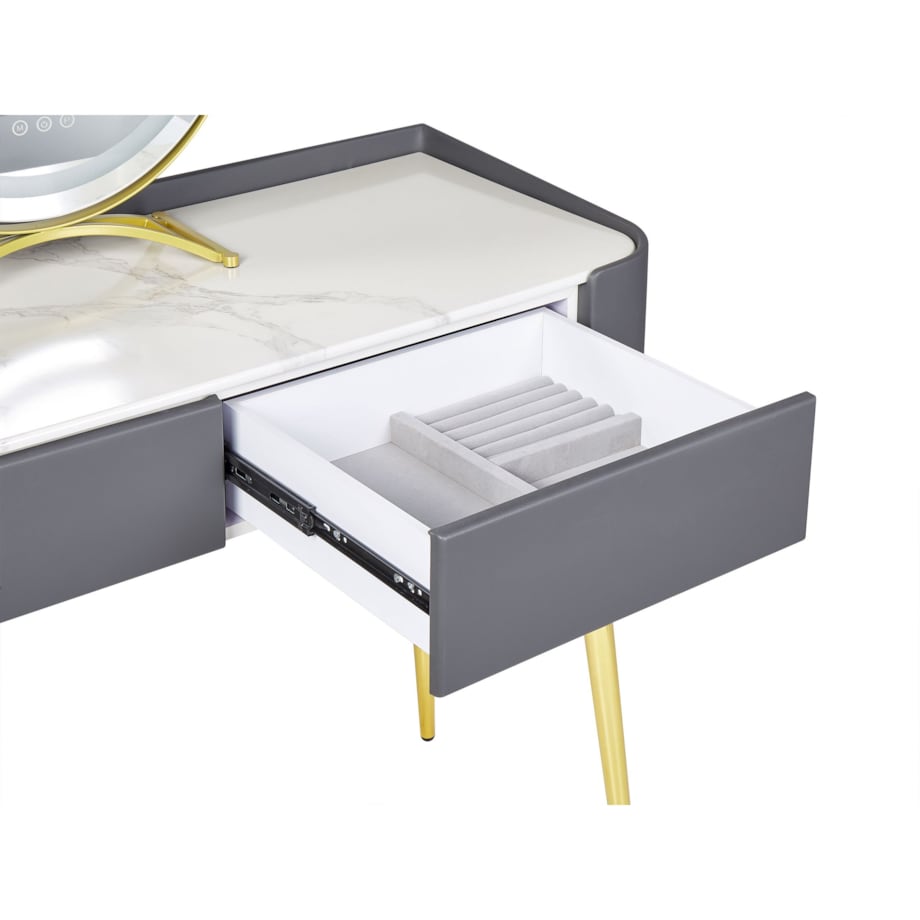 Toaletka 2 szuflady lustro LED ze stołkiem szaro-złota SURIN