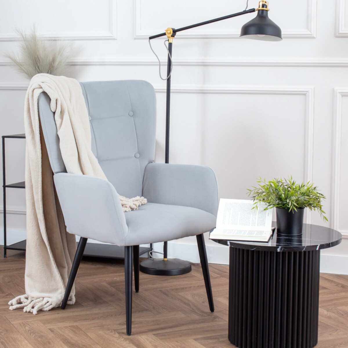 Fotel do salonu wypoczynkowy uszak szary welurowy wygodny tapicerowany